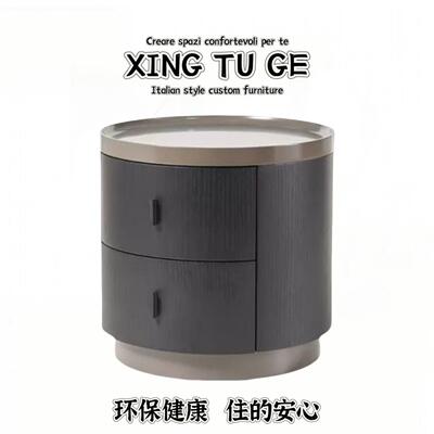 意式极简poliform烟熏色实木圆形床头柜简约现代圆柜储物柜床边柜