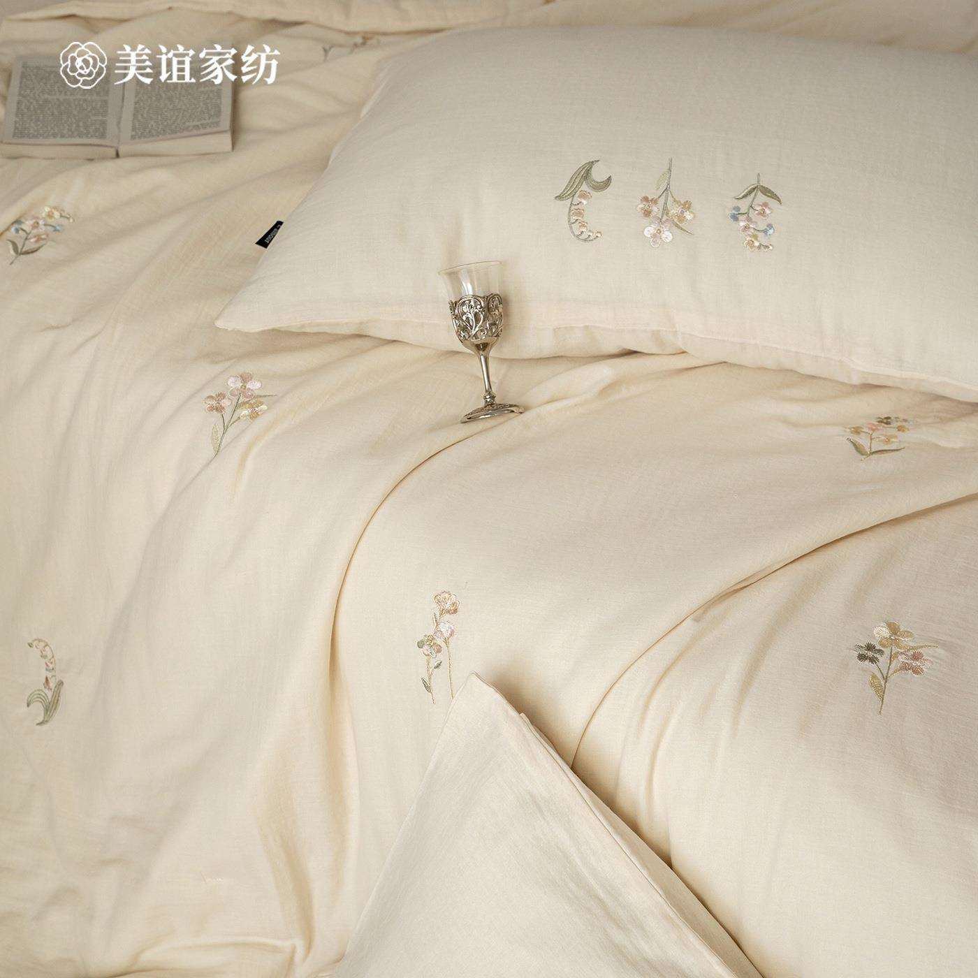 美谊|少女心全棉双层纱夏凉被花卉刺绣透气可水洗夏被双人薄被子