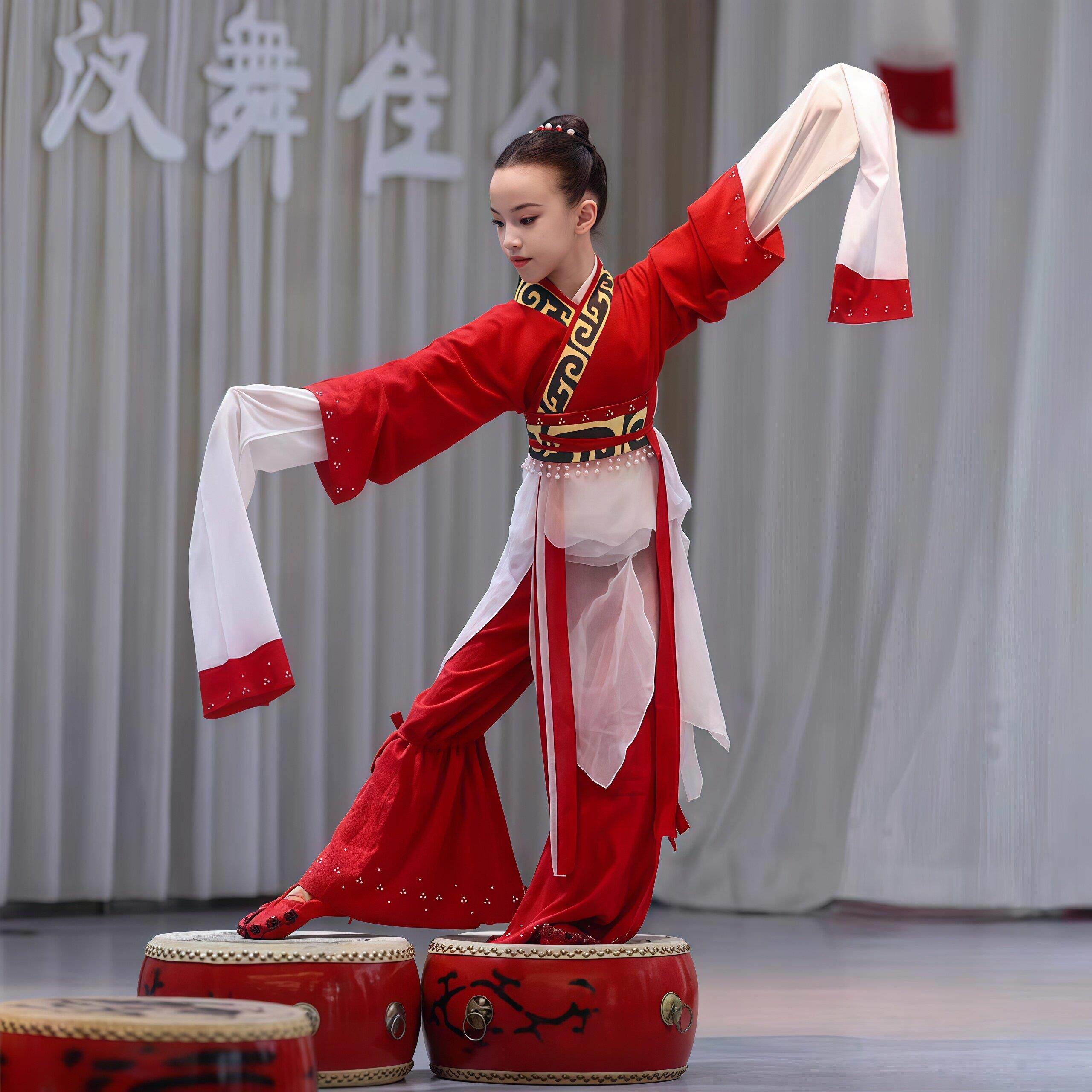 汉代鼓盘舞鼓踏飞燕女儿童水袖舞蹈衣服中国风飘逸梅花赋表演出装