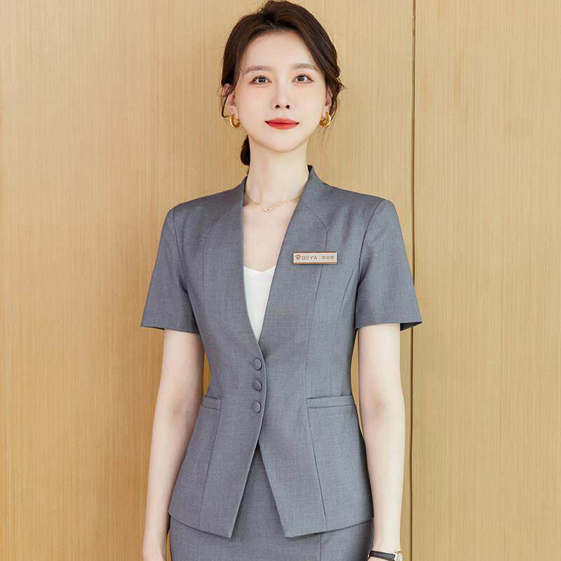 灰色无领西装女正装短袖职业套装美容院酒店经理前台工作服夏高端