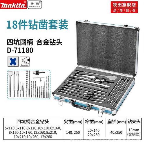 18支铝箱装钻凿夹头套装四坑电锤钻头组套D71180两槽两坑穿墙