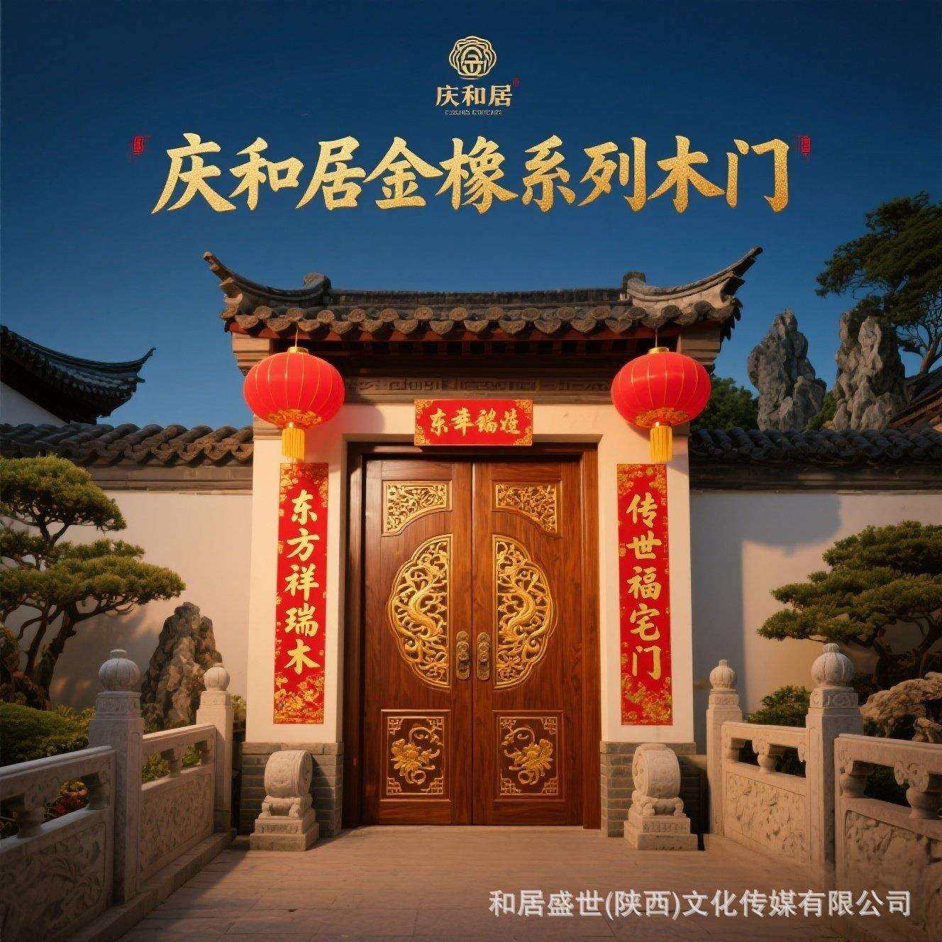 庆和居金橡馆高端木门泰国橡木指接原木门精雕原木大门原木家具