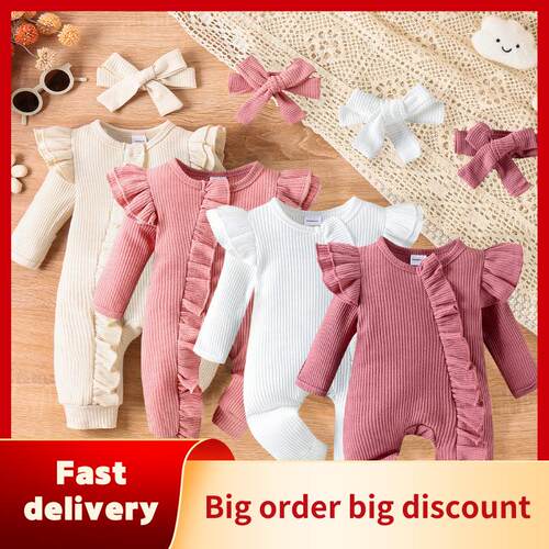 Infant Girl Autumn Jumpsuit Solid Color Round Neck Flying