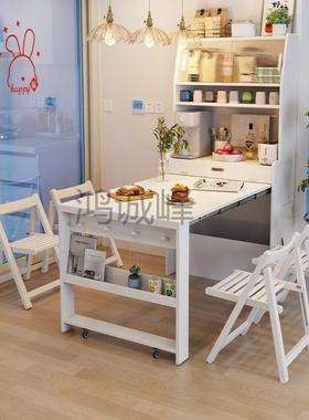 Hc白色全实木餐桌折叠伸缩家用小户型隐形饭桌餐边柜一体多功能桌