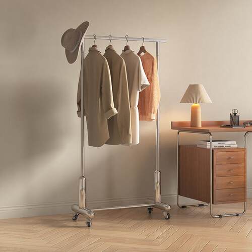 不锈钢方管简易衣帽架家用晾晒挂衣架多功能服装店展示架带轮移动