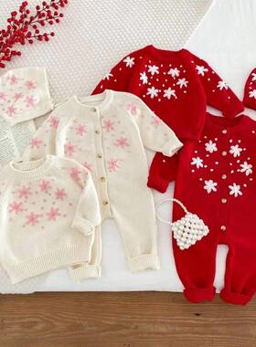 born Baby Christmas Red Romper with Caps Clothes Sets Girl K