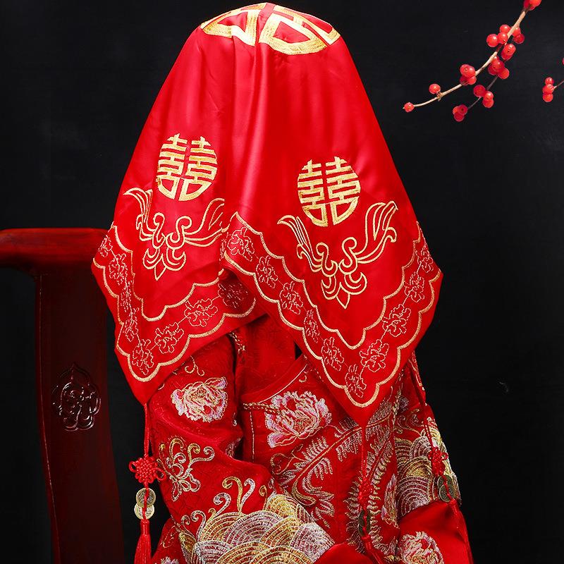 盖带头新娘式刺中绣结婚用品双层红xnhgt流苏秀禾服头纱囍字龙凤