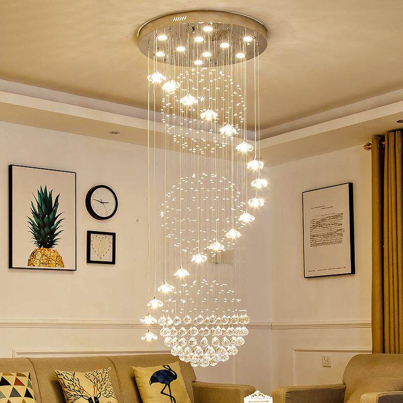 复式楼旋转楼梯吊灯现代简约别墅客厅水晶大楼梯间长家居