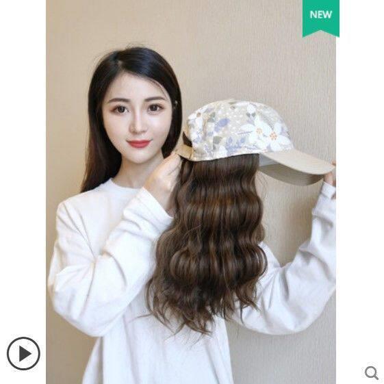 新款直销帽子假发一体女生时尚水波纹中长卷发仿真自然戴帽子假头