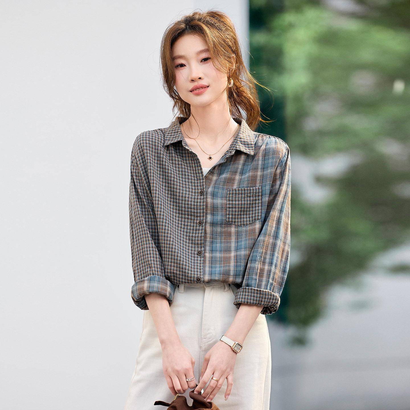 春季新款纯棉衬衣女士复古格子时尚拼接翻领短款宽松休闲薄款衬衫