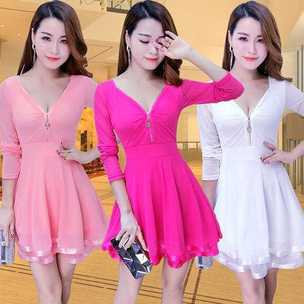 性感夜店女装2024春装新款拉链领低胸修身显瘦字大摆长袖连衣裙
