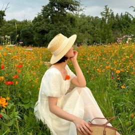 平沿帽子女夏海边(夏海边)平顶草帽沙滩，法式度假遮阳防晒巴拿马草编织礼帽