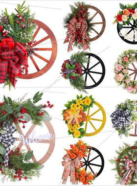 Christmas door hanging wooden roulette wreath车轮花环