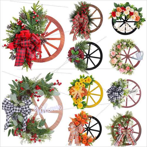 Christmas door hanging wooden roulette wreath车轮花环