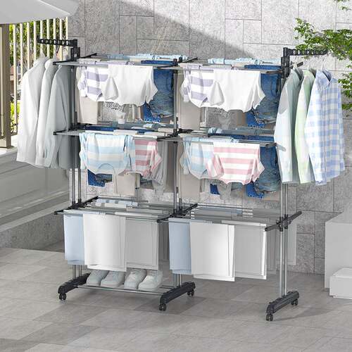 跨境现货三层伸缩双排晾衣架 阳台翼型可折叠衣物烘干架晾晒架