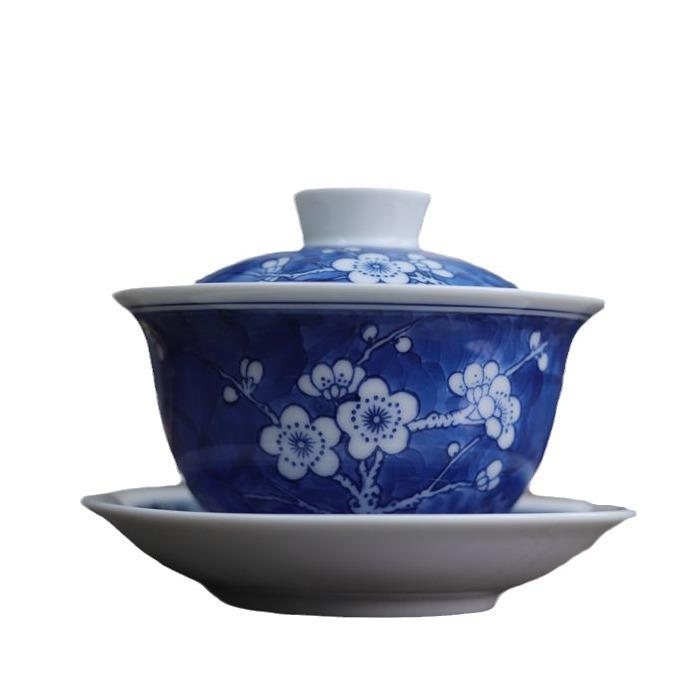 陶瓷手绘三才盖碗青花瓷满绘冰梅茶具三才杯茶碗泡茶冲泡碗大号