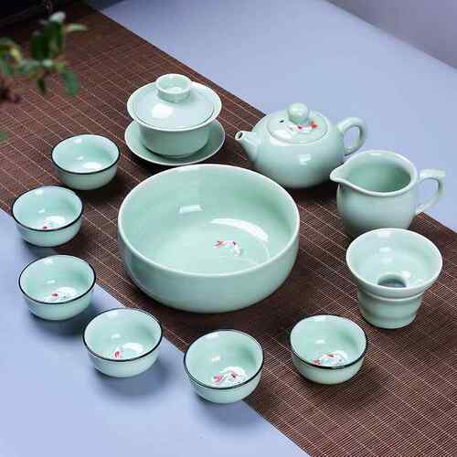 正品青茶瓷功夫茶套瓷装家用整套陶茶壶盖碗杯具带鲤鱼杯泡茶器品