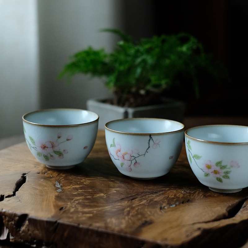 景德镇釉上粉彩手绘水点桃花汝窑开片釉茶杯功夫茶具复古粗陶主人