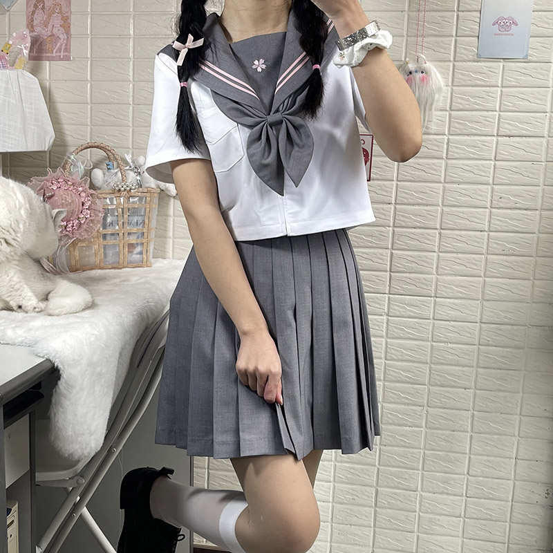 现货 日系水手服烟灰色领子粉红二本 JK制服套装女夏 灰粉水手服