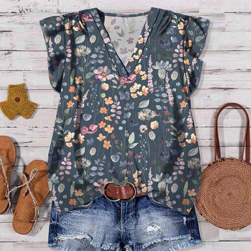 Women Casual Flutter Sleeve Blouses Summer Front Button
