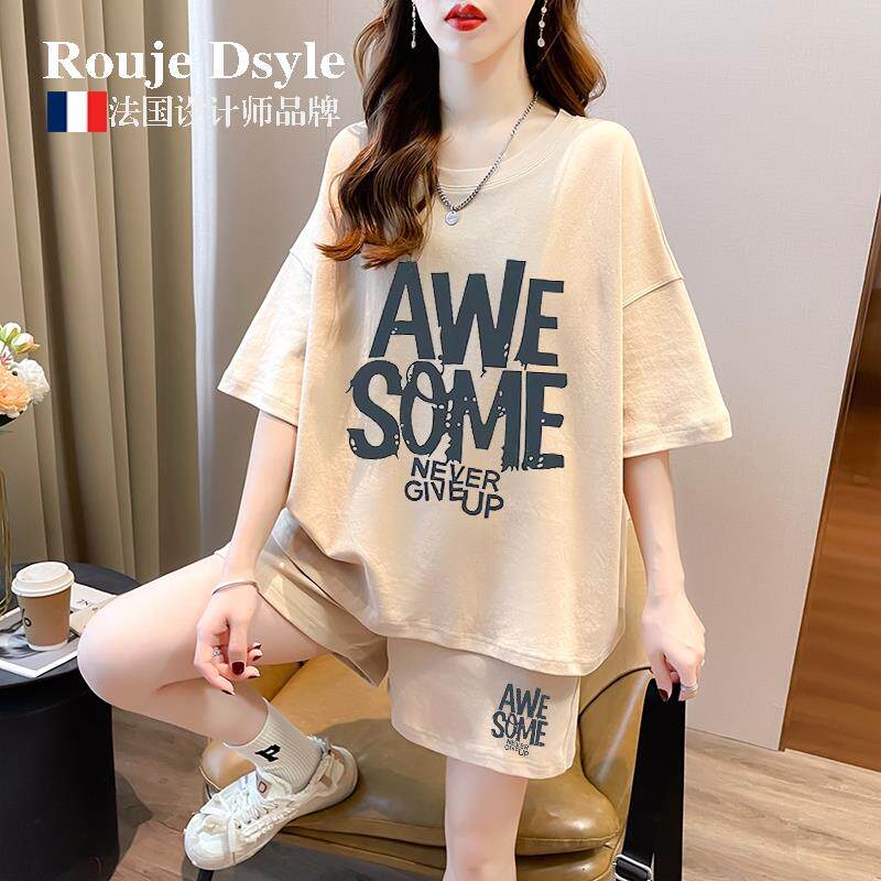 法国Rouje Dsyle纯棉短袖短裤套装女夏季款宽松休闲 运动服两件套