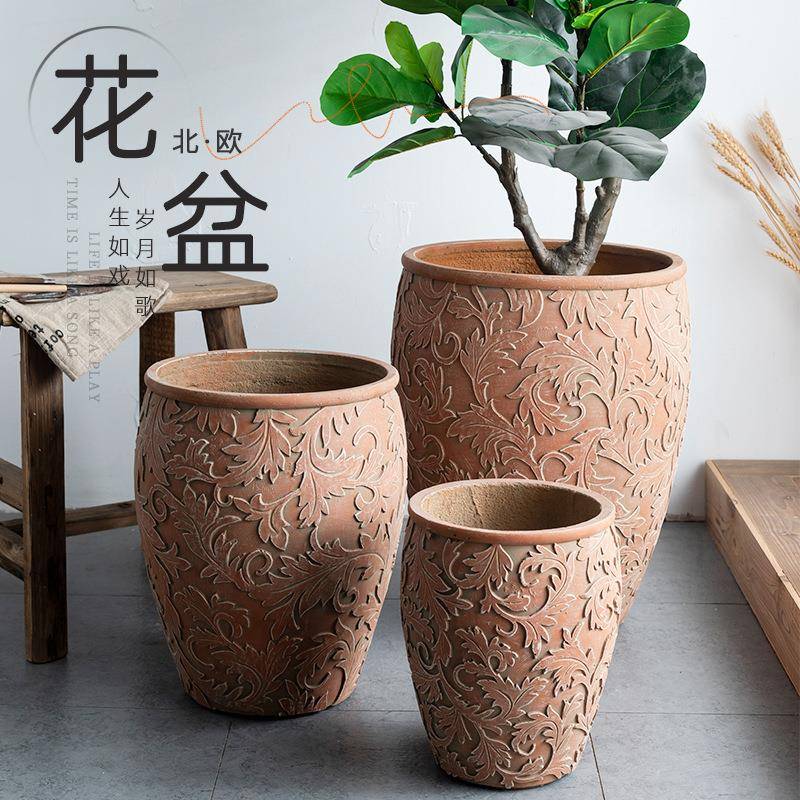 花盆藤花绿植盆栽落地客厅阳台花园装饰简约红色水泥花器北欧花盆