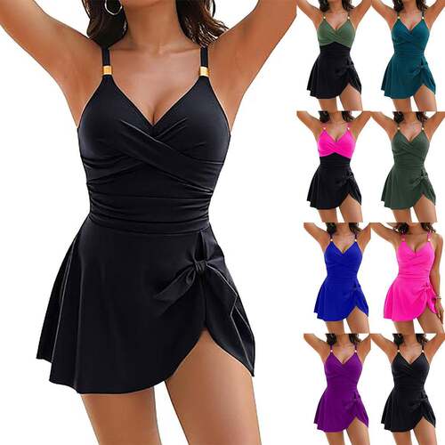 Women's One Piece Swimsuit Gold Metal Tie Knot Swimdress