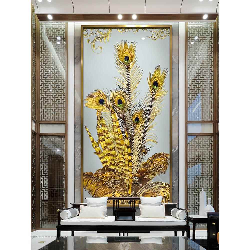 纯手绘玄关走廊珐琅彩装饰画立体轻奢壁画金属框客餐厅挂画金雀翎图片
