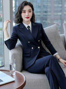 高端上班服西服套装女秋冬气质蓝色女士西装女正装物业客服工作服