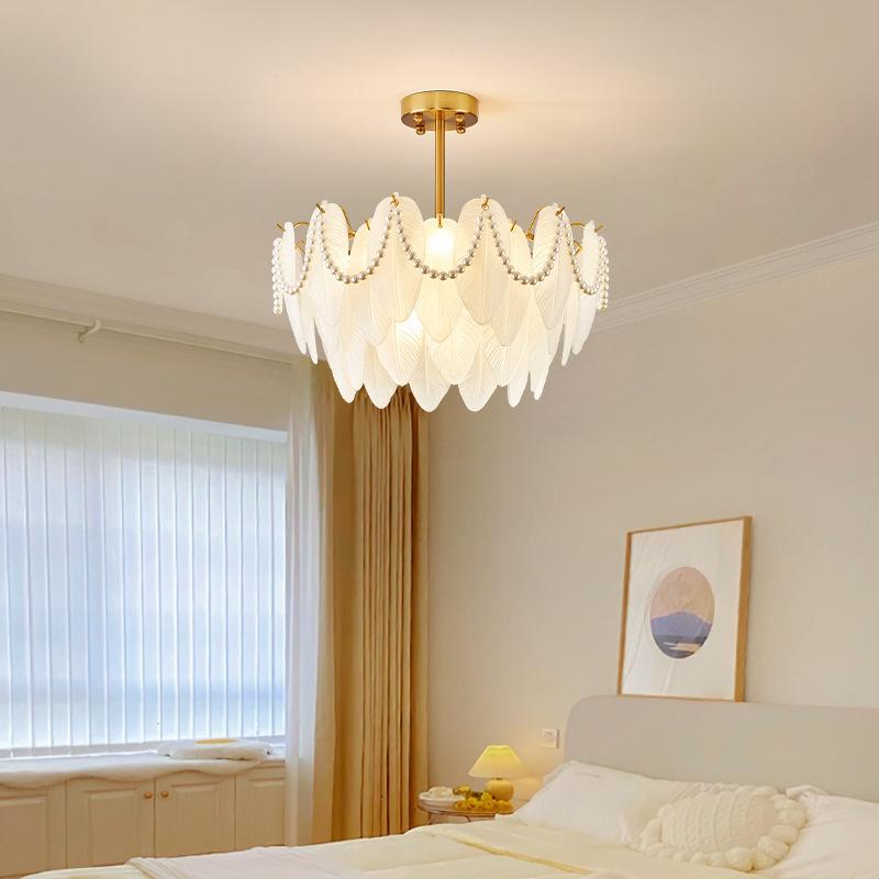 法式珍珠羽毛吊灯客厅奶油风复古浪漫少女孩房间轻奢 卧室主灯具