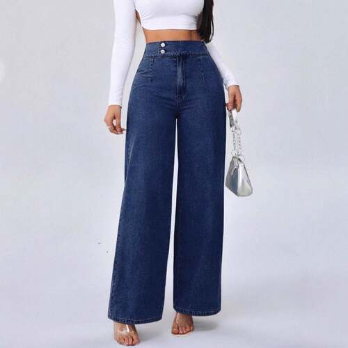 Womens Vintage Elegant High Waist Wide Leg Jeans Button