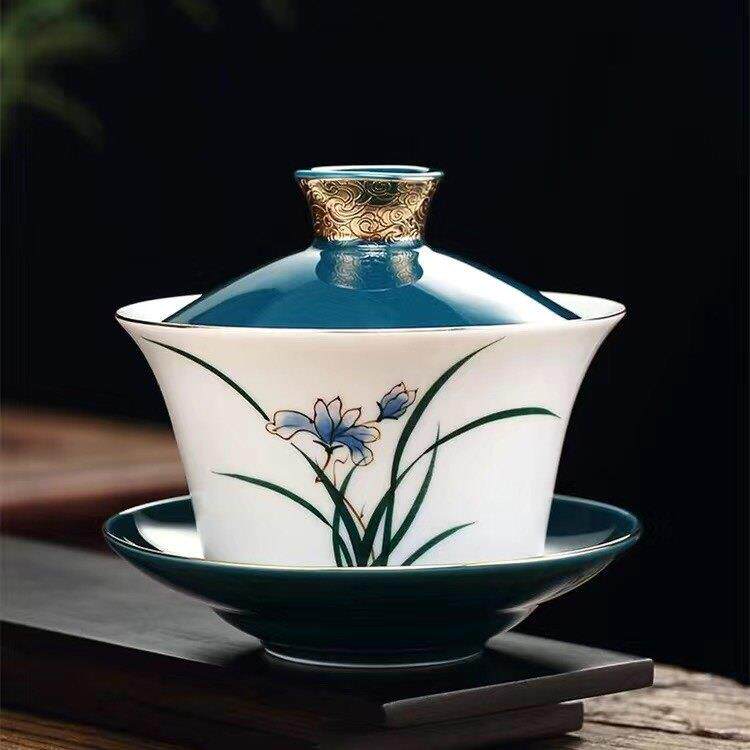 景龙堂手绘盖泡茶碗、大型家用陶瓷功夫白瓷茶具、八宝茶碗、三泡