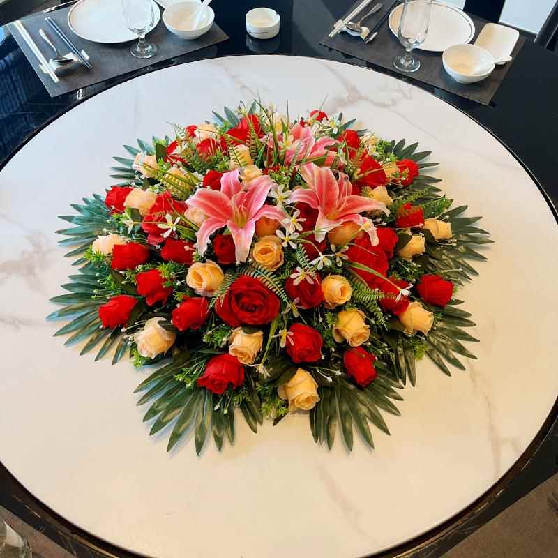 饭店餐摆桌花绢花F98HMH7M圆桌装饰花桌台花圆餐桌花艺酒店大圆桌