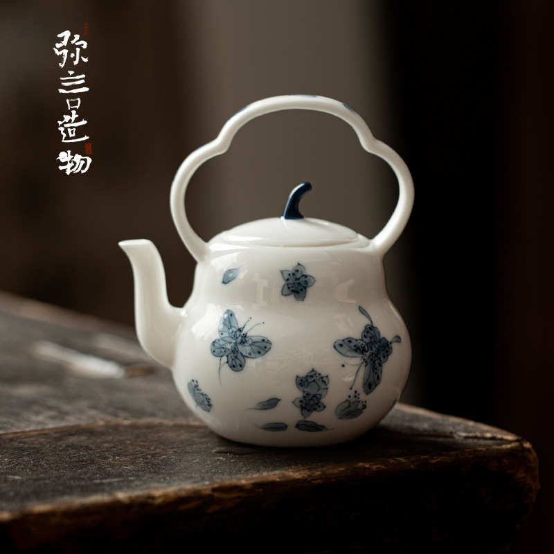 泡茶创意茶壶蝴蝶壶弥葫芦釉下白瓷壶陶瓷带过言滤手绘单孔彩青花