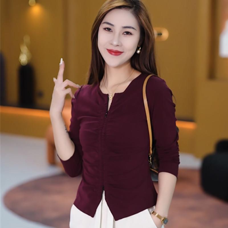 极速小个子修身洋气t恤女士时尚上衣春秋长袖体恤早秋气质显瘦打