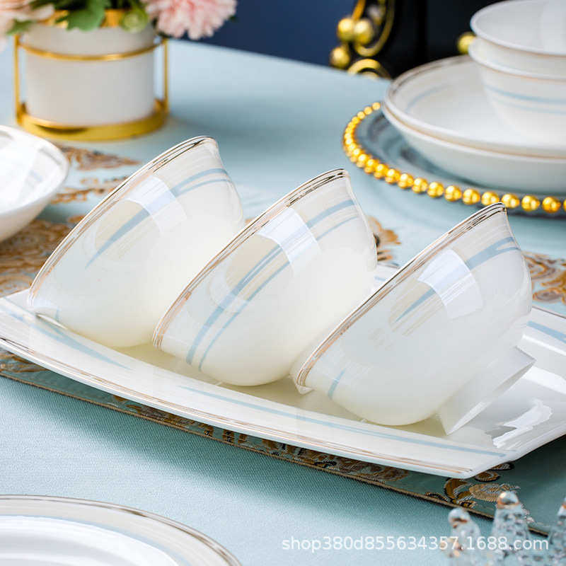 景德镇高档骨瓷碗碟餐具套装金边家用轻奢优雅碗盘碗筷子厂家批发