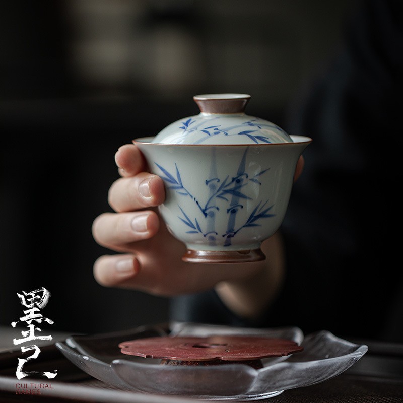 墨己 古青仿古手绘茶碗 手绘青花竹子陶瓷盖碗 家用高足泡茶盖碗