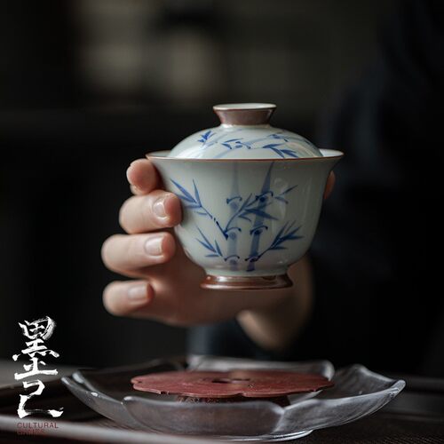 墨己 古青仿古手绘茶碗 手绘青花竹子陶瓷盖碗 家用高足泡茶盖碗
