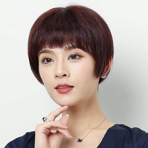 高档中年假发短发送妈妈真人发丝波头发短直女发型自然波全头套式