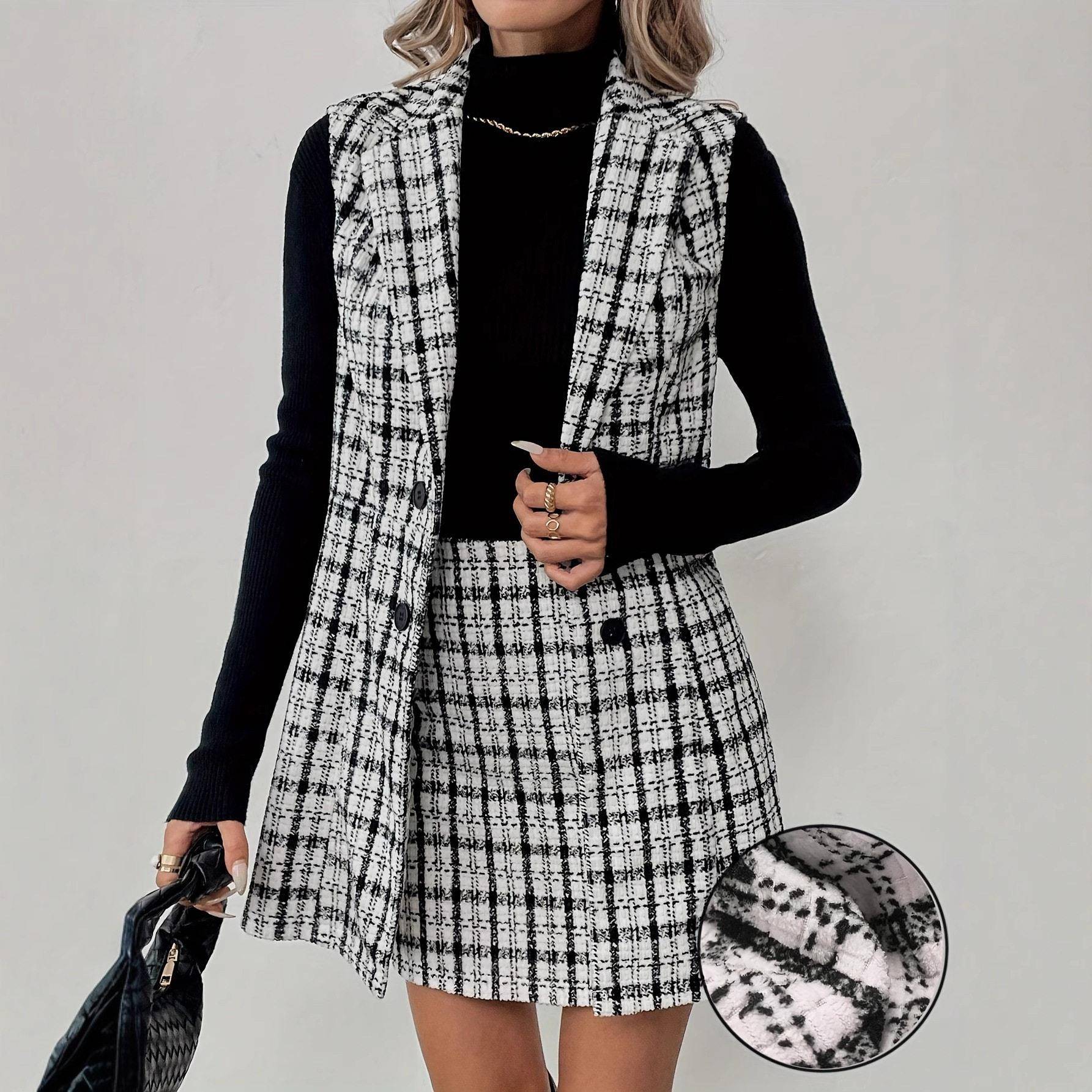 Women's Casual Plaid Long Coat Set  Fitted Half Skirt  All图片