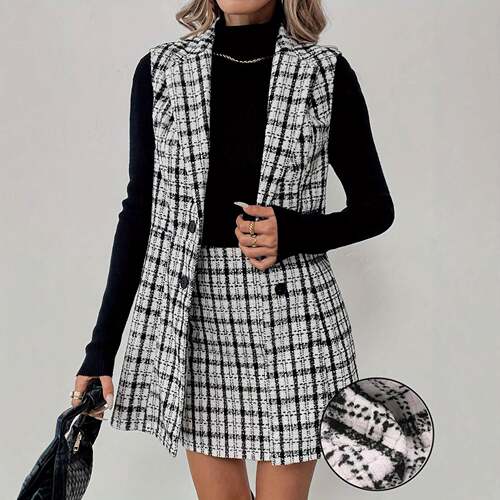Women's Casual Plaid Long Coat Set  Fitted Half Skirt  All