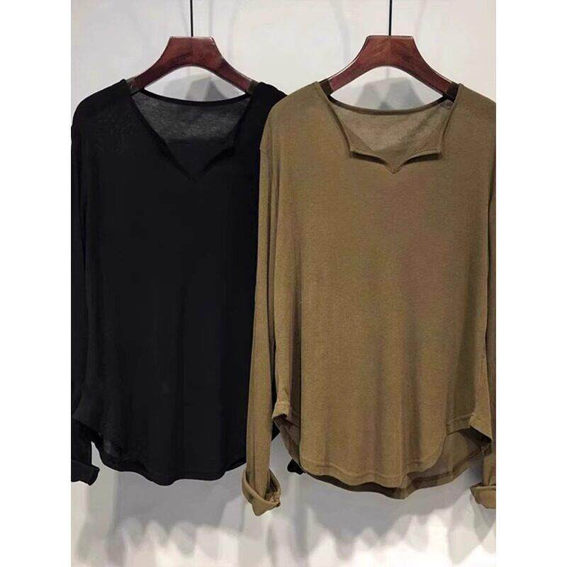 孕妇宽松长款瑜伽T恤纯色V领上衣男女款垂坠感慵懒遮屁长袖打底衫