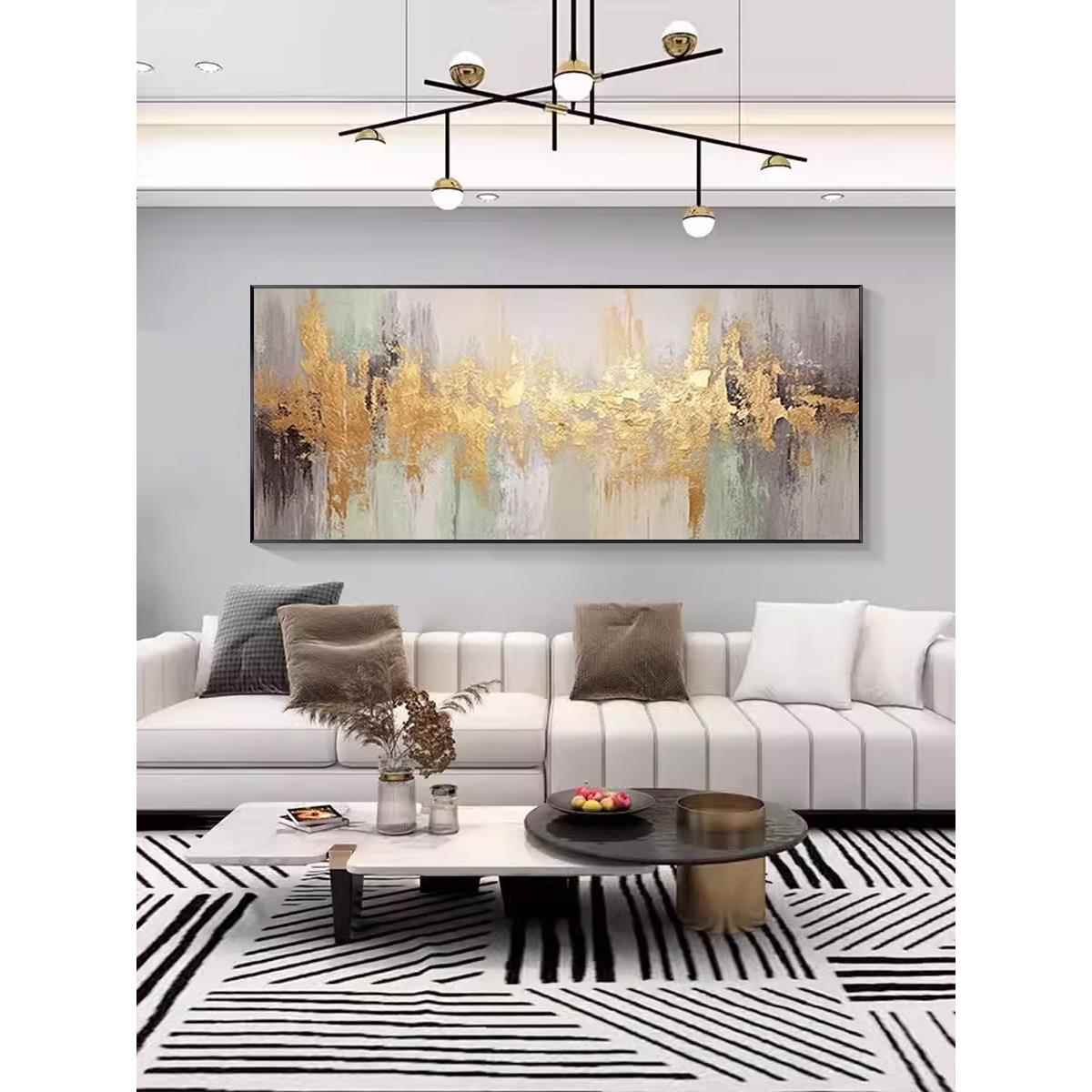 网红发现轻代简约奢风挂画客厅金沙背景装饰大画横版色抽象气手绘