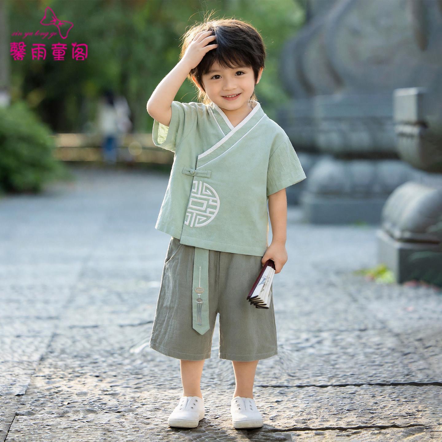 明制汉服男童新中式短袖套装儿童国风小书童唐装男孩夏季麻古装图片