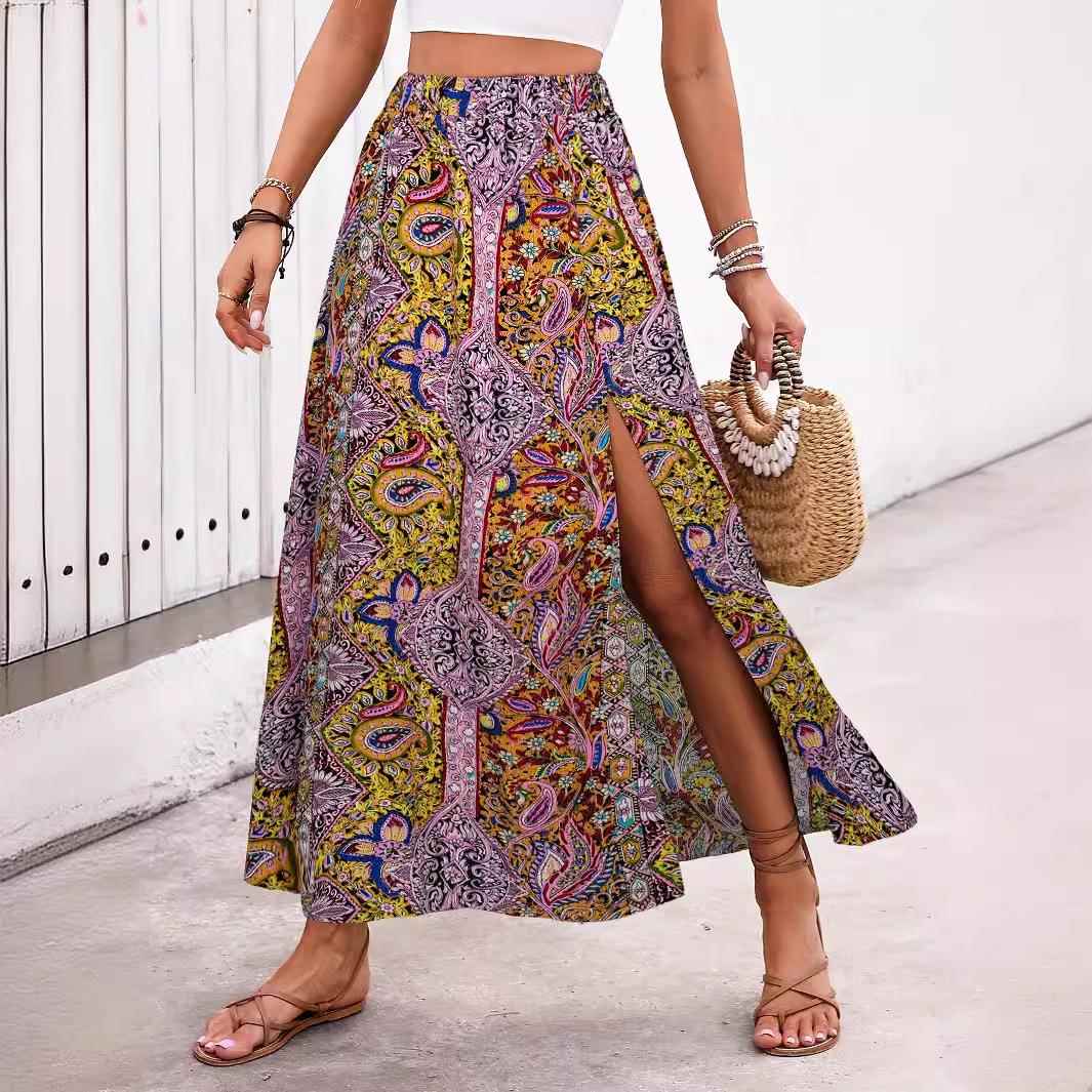 boho print skirts for women  summer casual elastic high