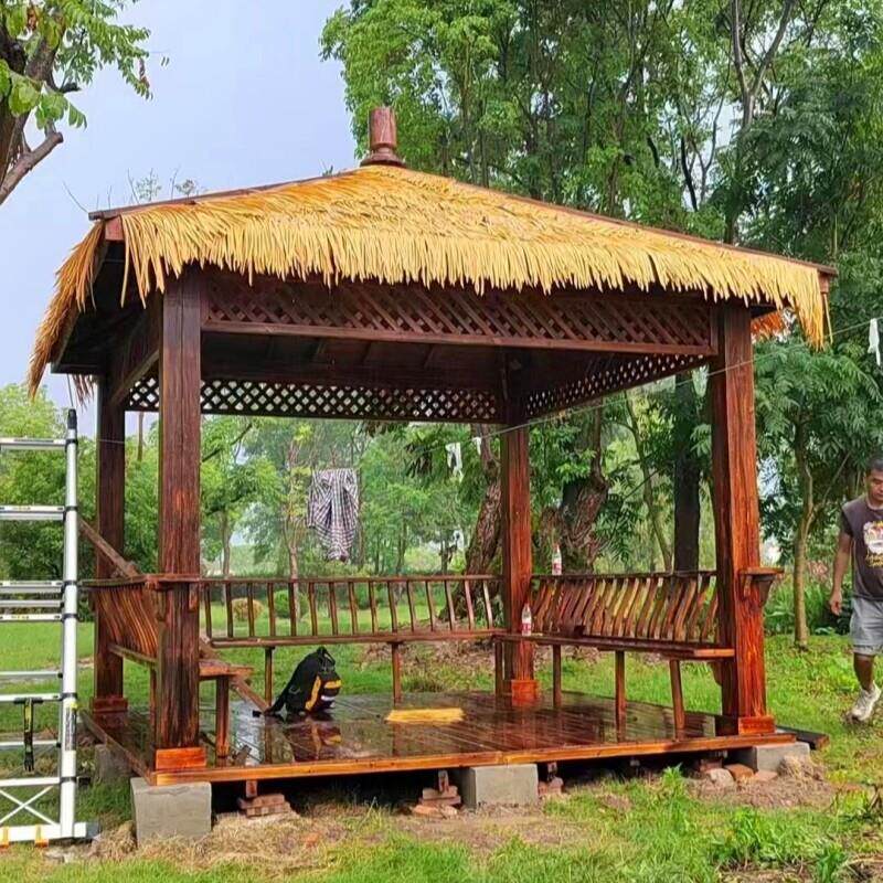茅草凉亭户外庭院别墅新中式防腐木屋稻草棚长廊圆形亭子民宿茶室