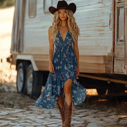 European Summer Western Cowboy Boho Floral Irregular Hem
