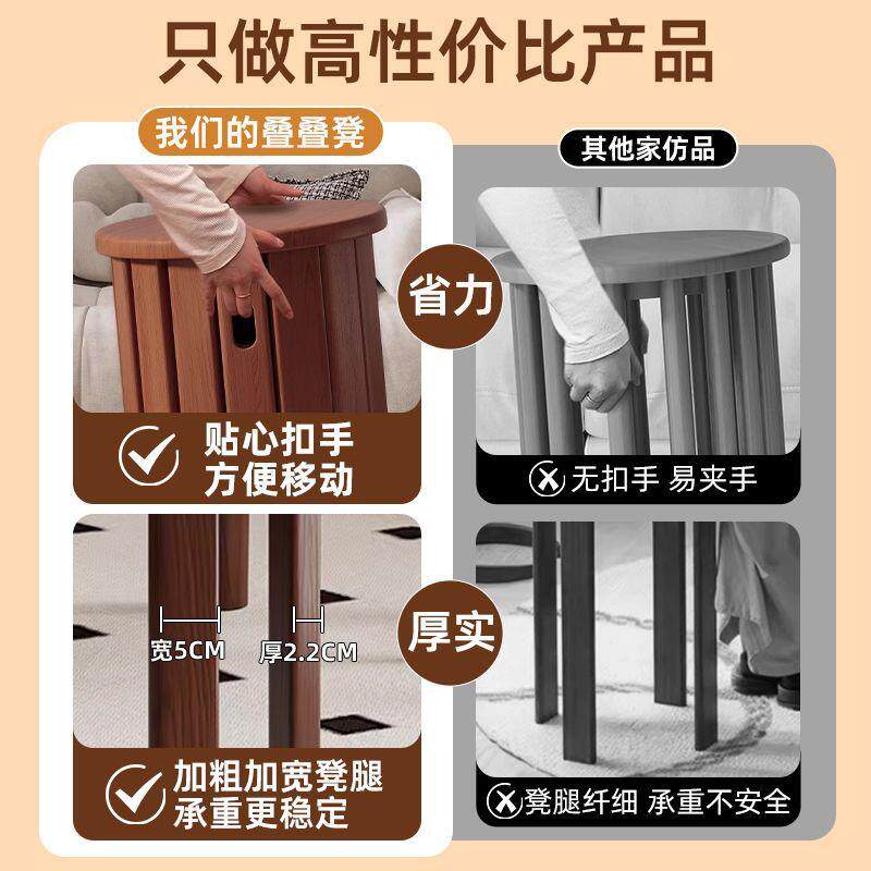 实木可叠放茶组凳合F子叠叠乐圆叠凳餐桌待客备用凳带滑轮折椅几