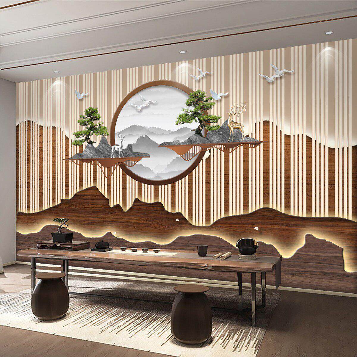 竹木纤维碳晶板背景墙板茶室会所餐厅扣板装饰防木格栅集成护墙板