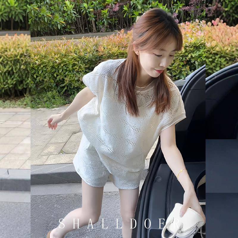 镂空蕾丝短袖t恤女短裤套装夏季2025夏装新款搭配薄款上衣一整套